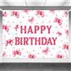 Tinoaly Sfondo Happy Birthday Fiocco Rosa, 1,5x1m Decorazioni per Feste di Compleanno Coquette Bandiera Fotografica per Ragazze e Donne