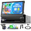 Rimoody 6G+128G 8 Core Android Autoradio 1 Din con Wireless Carplay Android Auto 4G SIM WiFi BDS GPS Navi 7 Pollici Retrattile Touchscreen Autoradio con Mirror Link Bluetooth FM/RDS DSP Telecamera Posteriore