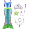 AOOWU Costume da Principessa Sirena per Bambina, Costume da Sirenetta con 7 pezzi Accessori, Set da Sirena Ariel per Bambina, Costumi Cosplay per Halloween, Natale, Cosplay, Compleanno