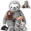 Kasyat Set di 5 Peluche di Bradipo - 1 Pupazzo Mamma da 33 cm con 4 Cuccioli Morbidi Coccolosi - Regali di Diploma Laurea per Ragazzi, Compleanno, Baby Shower (Grigio)