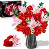 CUBIMANA Set Costruzione Bouquet con Luci LED - Rose rosse e alstroemerie rosa, collezione 22 fiori artificiali botanici, regalo decorativo per donne/adulte