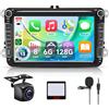 Hodozzy 【8 Core 6+128G】Hodozzy Carplay Autoradio per VW Passat Golf Seat Altea Skoda Octavia, 8 Pollice Touchscreen Android Autoradio con Android Auto/WiFi/GPS/RDS/FM/Bluetooth/USB/DSP