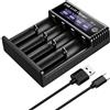 Ermorgen Caricatore a batteria NI-MH/NI-Cd/Li-ion, 4 scomparti, universale | per 1,2 V, NI-MH/NI-Cd AA/AAA/C/SC/F6, 3,7 V, Li-ion 18650, 18350, 18500, 18700, 20700, 21700, 26650, con display LCD