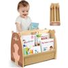 MHJY Libreria per Bambini in Legno - Scaffale Porta Libri Doppia Faccia con Tasche in Tela, Stile Montessori Portatile con Maniglia, Organizer Giochi per Cameretta, Asilo e Scuola Materna