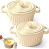 Umllpet Mini Cocotte con coperchio, piccola pirofila in porcellana con manici, in ceramica, piccoli pirottini da forno per lasagne, soufflé, forno, microonde lavastoviglie (beige-L-2 pezzi)