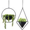 HemePaha Metal Hanging Planters, Modern Plant Hanger with Pots, Set of 2 Black Plant Holders in Diamond and Round Shape, Small Wall and Ceiling Planter for Indoor Plants, Home Décor- Black