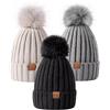 MSDC Berretto da donna, confezione da 3 pezzi, con pompon, alla moda, lavorato a maglia, caldo, con teschio, cappelli invernali da donna per la stagione fredda, nero + bianco + arancione scuro, Taglia