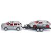 Siku 2544, Automobile con Auto Sportiva su rimorchio, 1:55, Metallo,Plastica, Argento,Verde, Rampa Ribaltabile