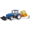 Bruder 02187 - Trattore New Holland T5.120 con Benna Frontale, Cassone di Carico, Forche e Balle dI Fieno Rotonde