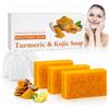 GEVECORI Confezione da 3 saponi alla curcuma e acido kojico con 3 reti in schiuma, sapone naturale sbiancante con limone per viso e corpo, contro macchie pigmentate, acne, iperpigmentazione, vitamina C per un