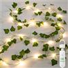 A.bigwhale Catena luminosa ricaricabile con timer, edera artificiale con 20 luci a LED, batteria ricaricabile, 8 modalità, luce bianca calda, 2 m, per interni ed esterni, primavera, matrimonio, festa