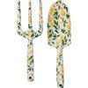 Kinzo Set di attrezzi da giardinaggio, 2 pezzi, pala e forchetta a mano, in acciaio, utensili da giardinaggio per lavori di piantagione e rinvaso, attrezzi da giardino decorativi con motivo floreale