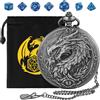 Keller & Weber Mini Set di Dadi DND, con Steampunk Drago Grande Cassa Orologio da Tasca, 7 pezzi in Acrilico Poliedrico D&D, Sacchetto Regalo DND con Logo Drago, Accessorio per Gioco di Ruolo, Argento Scuro + Blu