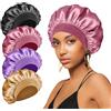 FIRSTPELLA Cuffia in seta per dormire, 4 pezzi, cuffia per la doccia in raso, per donne e uomini, con fascia larga elastica per capelli ricci (nero, pasta di fagioli rosa, viola e marrone)