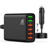 AI AIKENUO Multi Ports USB Car Charger, 96W 6 Port QC3.0 Fast Adapter Multiple Ports, with Four Quick Charge 3.0 Port, 12V-24V Multi Device Cigarette Lighter for Smart Phone & Tablets Charging