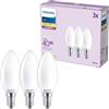 Philips Lampadina LED, Confezione da 3, B35, E14, 470 Lumen, 40 W, Design Oliva, Maggiore Durata, Luce Bianca Calda 2.700 K, Lampadina Smerigliata