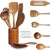 OulQinyhome 13 Pezzi Set Mestoli in Legno Set Utensili Cucina in Legno Spatola Cucina e Cucchiai Cucchiaio Utensili in Teak con supporto,poggiamestolo e ganci