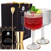VEMACITY Set Bicchieri Gin Tonic di Lusso | 2 Bicchieri con Decorazioni Dorate (450ml) | 3 Bordi Oro, Cucchiaio Bar e Misurino | Kit Gin Tonic Regalo | Bicchiere per Aperitivo | Ideale per Fare un Regalo