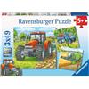 Ravensburger, Puzzle 3x49, Per bambini a partire da 5 anni, 3 puzzle quadrati da 49 pezzi ciascuno, Dimensione puzzle 18x18 cm, Macchinari agricoli