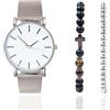 HALUKAKAH Set Orologio da Uomo Minimalista in Acciaio Inossidabile Platino - con Bracciale in Perle di Ematite Placcate Oro, Collana in Perle di Pietra Naturale Occhio di Tigre Croce, Set da 3