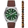 Fossil Orologio Everett da uomo, Movimento al quarzo con data a tre lancette e cinturino in pelle o acciaio inossidabile, 42 mm, Set verde oliva