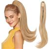 Silk-co Coda Extension Capelli Lisci Cavallo Finta con Pinza Biondo Scuro/Biondo Chiaro Ponytail Punte Ondulate 50cm 110g