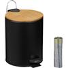 Relaxdays 5 L Pattumiera Bagno a Pedale, Cestino Interno Estraibile, Silenzioso, con Sacchetti, Ferro e bambù, Nero, 20% 10% plastica 70%