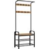 VASAGLE Appendiabiti con Scarpiera, Mobile da Ingresso con Panca, 4 in 1, 9 Ganci Rimovibili, Barra Attaccapanni, Entrata Corridoio, 33,7 x 77 cm, Industriale, Noce Medio e Nero HSR040B41