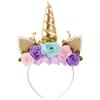 Nishine Cerchietto per capelli con unicorno, fiori in tessuto non tessuto, orecchie di gatto, tiara con corno glitterato, per cosplay, feste a tema unicorno (oro, turchese)