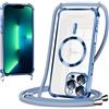 Coiwxmoi Magnetica Cover per iPhone 13 Pro Max 6.7 con Cordino Regolabile, Compatibile con MagSafe,Trasparente Custodia con Collana Tracolla Laccio Collo TPU Silicone Lanyard Case Antiurto,Blu