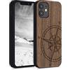 kwmobile Custodia Compatibile con Apple iPhone 12 mini Cover - Back Case in Legno con Bumper in Silicone TPU - Bussola vintage marrone scuro