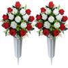 SIFOEL Fiori tombali artificiali per cimiteri, 2 pezzi di mazzi di fiori tombali artificiali con vaso per la decorazione di lapidi all'aperto (rosso e bianco)