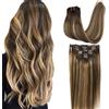GOO GOO Extension Capelli Veri Clip, 30cm 85g 7pezzi, Remy Umani Naturali Extension Capelli Clip, 4/27/4 Balayage Marrone Cioccolato a Biondo Caramello