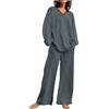Generic Tuta da donna in cotone e lino, 2 pezzi, estiva leggera, set completo da viaggio, casual, con scollo a V, set da salotto con top a maniche lunghe e pantaloni a gamba larga con tasche, tinta unita, per