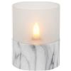 MIJOMA - Elegante candela a LED in vetro, bianco caldo, fiamma realistica, timer 6/18, funzionamento a batteria, elegante, look autentico & Feel (diametro 8 x altezza 10 cm, base effetto marmo bianco)