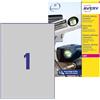 Avery Italia L6013-20 Etichette adesive in poliestere argento resistenti, 20 fogli A4, rettangolari 210x297mm, 1 etichetta per foglio, adesivo permanente, stampanti laser
