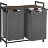VASAGLE Cesto Portabiancheria, Porta Biancheria, 2 Sacchi in Tessuto Rimovibili, Piano d'Appoggio, Metallo, 2 x 46 L, 73 x 33 x 72 cm, Grigio Ardesia e Marrone Vintage BLH201G01