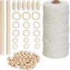 Relaxdays Kit con Filo macramè, Corda in Cotone 3mm, Spago 109m, Perline e Anelli di Legno, Fai da Te, Bianco Naturale