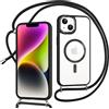 Niokfrci Magnetica Cover per iPhone 14/iPhon 13 con Cordino, Compatibile con MagSafe, Transparent Sottile Silicone TPU Custodia Antiurto Bumper Resistente Case con Corda Collana Tracolla Laccio, Nero