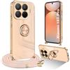 Ptny Cover con Laccio per Xiaomi 15T Pro Custodia, Glitter Placcatura Phnom Penh Design con Anello Supporto Cover con Supporto Magnetico Auto, Custodia con Regolabile Collana, Oro rosa