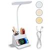 PORFOYO Lampada da scrivania per bambini, lampada da tavolo a LED con ricarica wireless, lampada da comodino, lampada da lettura con portapenne, lampada da comodino, a collo di cigno, 3 colori