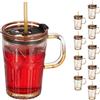 Relaxdays Set da 10 Tazze per Bevande, Bicchieri Vetro per Frullati, Coperchio Cannuccia e Manico 450 ml, Marrone Chiaro