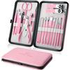 Keiby Citom Set manicure professionale per unghie, kit per pedicure in acciaio inox, kit per la cura delle unghie, 15 pezzi, con custodia da viaggio (bianco e rosa)