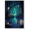 Yuaruo Stampa artistica da parete su tela, motivo: foresta spirituale, lanterne magiche sugli alberi, poster blu per l'estetica della stanza, immagine con fiume delle lucciole, notte scura, 30,5 x