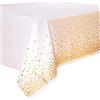 Duocute 4 Pezzi Tovaglia per Feste Bianca e Oro Usa e Getta per Tavolo Rettangolare, Copritavolo con Coriandoli a Pois Dorati per Battesimo Nuziale, Fidanzamento, Matrimonio, 137 cm x 274 cm
