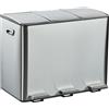 Relaxdays Cestino Relaxdays, 3 scomparti da 15 l ciascuno, secchi interni estraibili, chiusura automatica, pedali, sistema di raccolta differenziata, argento