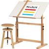 MEEDEN Set tavolo da disegno e sgabello bianco: 90,2 x 59,7 cm, in legno di faggio, altezza regolabile, scrivania artistica con mensola per matita e righello, grandi tavoli da disegno inclinabili per