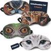 MIJOMA Set di 4 maschere per dormire in raso e peluche, design occhi di animali, gatti, leopardo, gufo, camaleonte, comodo elastico, perfetto per viaggi e casa