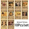 Bandai 10 pezzi Anime One Piece Rufy Wanted Poster vintage Set per la decorazione della parete della stanza Cartoni animati Zoro Wanted Pittura Adesivi Giocattoli Regalo
