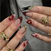 Aribliseza Press On Nails, 24 pezzi unghie adesive & French Tip Press On Nails, unghie finte a mandorla rosso scuro con fiore, linea dorata lucida & unghie acriliche per donne